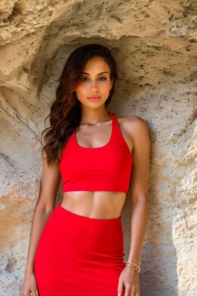 A very sexy brunette lady standing by a rock wall 